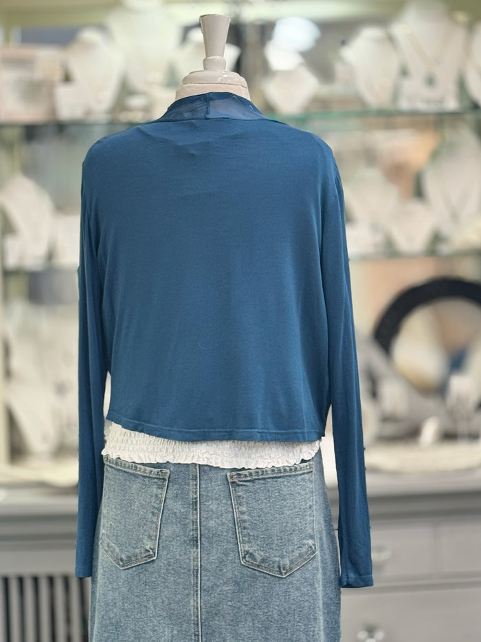 back view of Chloe silk cardigan in Prussian Blue