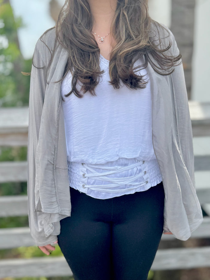 Long taupe cardigan front view