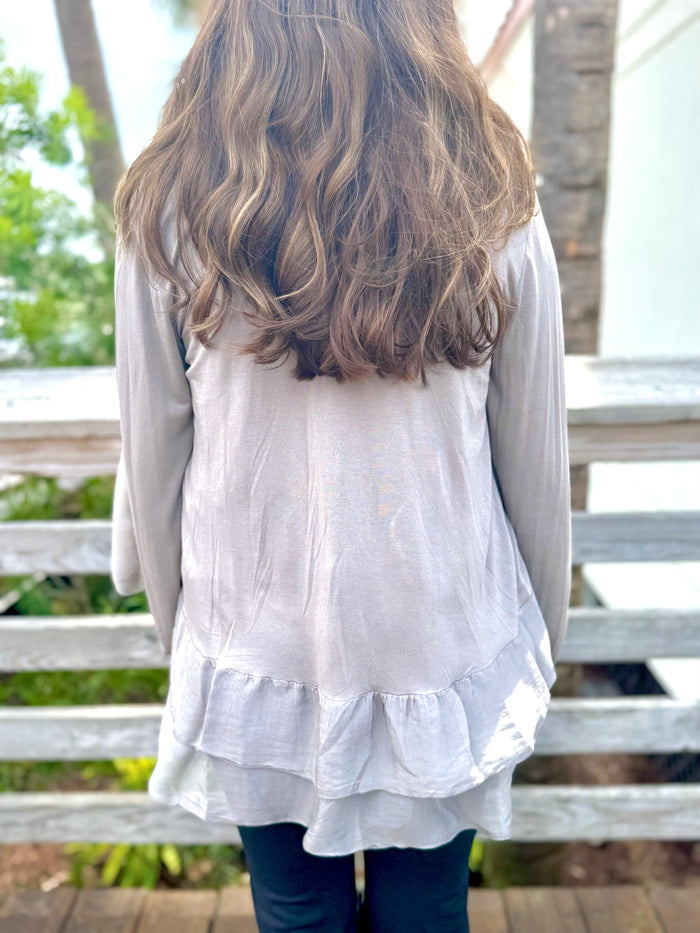 Long taupe cardigan back view