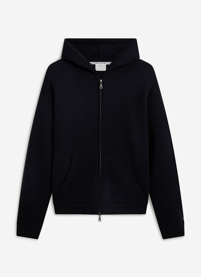 The black cotton Chronicle Knitted Hoodie from Percival, a zip-up knit with a drawstring hood and kangaroo pockets.