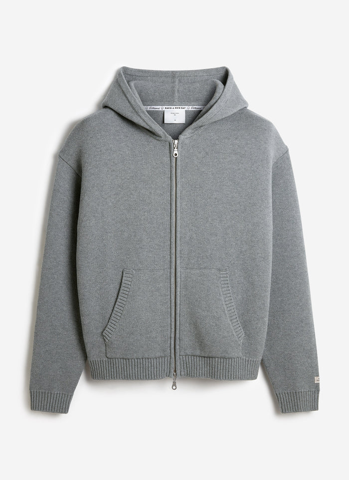 A flat lay of the Percival Chronicle Knitted Hoodie in grey cotton, featuring a zip-up front, hood and kangaroo pockets.