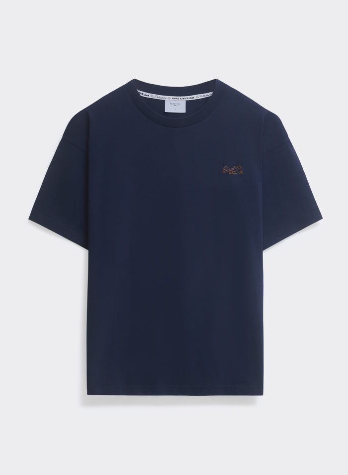 Percival Clarke oversized navy organic cotton t-shirt, featuring a subtle cat embroidery on the chest.