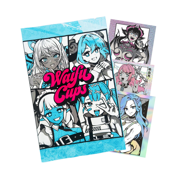 Three blue-themed sticker packs featuring anime-style female characters with white and blue hair and pink "Waifu Cups" text.