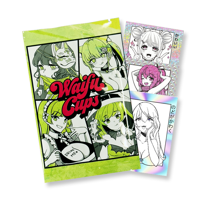 Three green-themed sticker packs featuring anime-style female characters with yellow-green hair and fox masks.