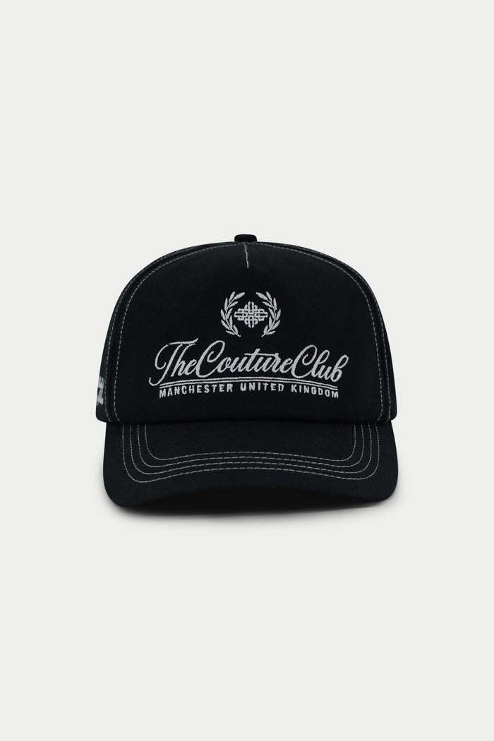 CONTRAST STITCH LAUREL EMBROIDERY CAP - BLACK