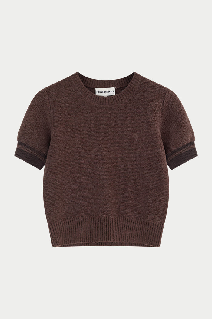 CONTRAST STRIPE SHORT SLEEVE KNIT TEE - CHOCOLATE