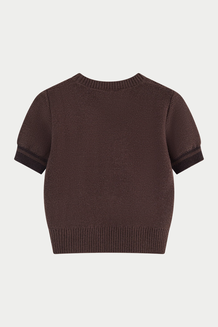 CONTRAST STRIPE SHORT SLEEVE KNIT TEE - CHOCOLATE