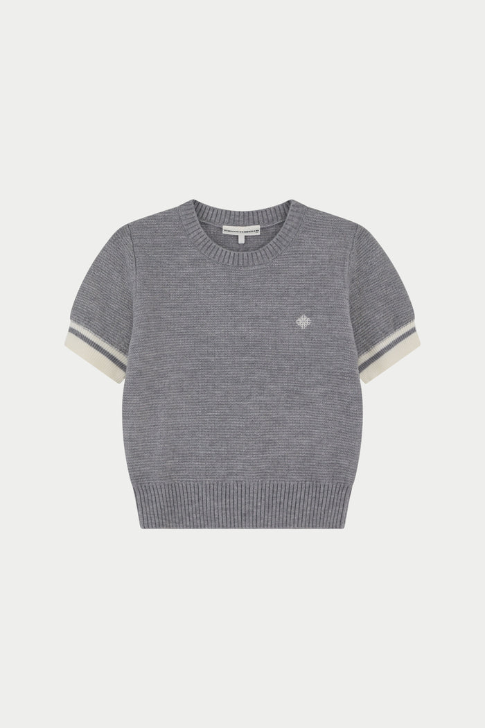CONTRAST STRIPE SHORT SLEEVE KNIT TEE - GREY