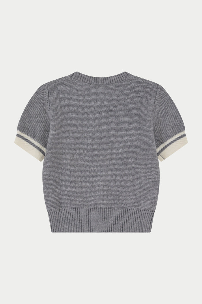 CONTRAST STRIPE SHORT SLEEVE KNIT TEE - GREY