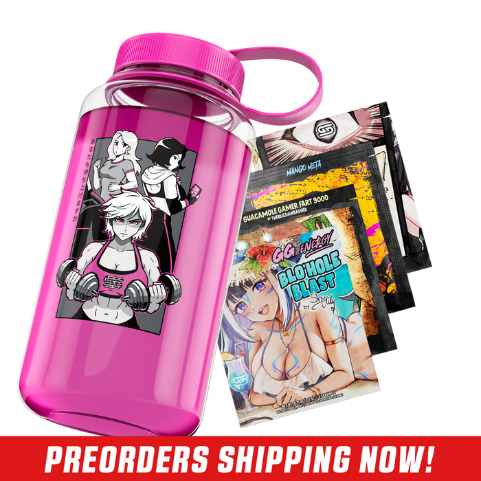 Clear 32oz jug with bold black and white "Waifu Cups" text and a bright pink screw-on lid with handle loop.
