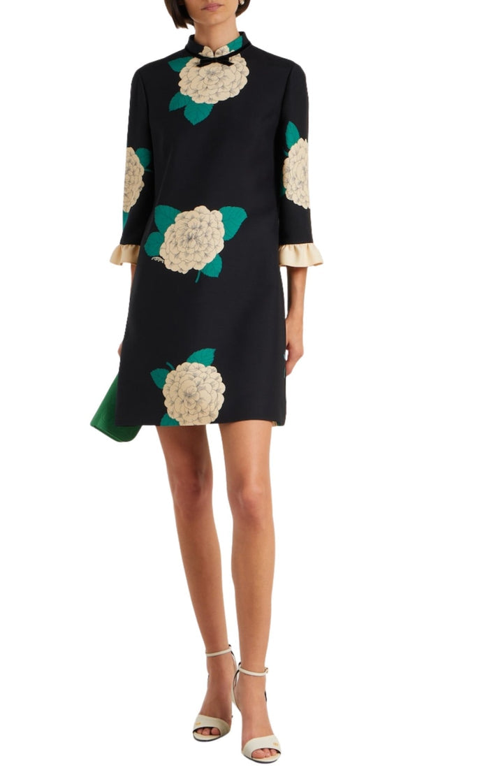 Valentino Crepe Couture floral minidress with high neckline, bow detail, three-quarter sleeves, and ruffled cuffs, front view