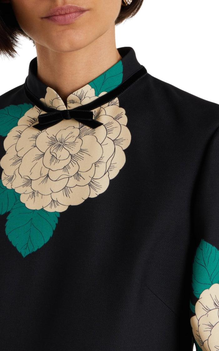 Valentino Crepe Couture floral minidress with high neckline, bow detail, three-quarter sleeves, and ruffled cuffs, front view