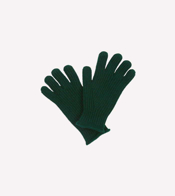 Dark Green Lambswool Ribbed Knitted Gloves