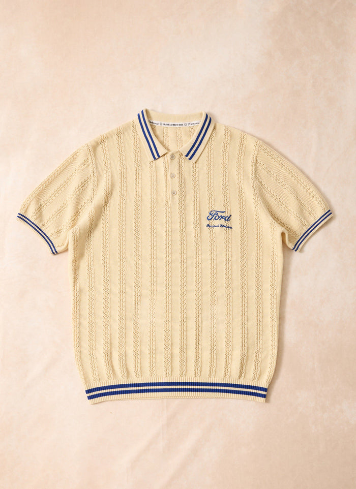 Percival x Ford ecru knitted polo with blue striped details and embroidered Ford logo