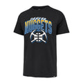 Front-left angled view of a black short-sleeve crewneck t-shirt. The chest features an arched graphic with 'DENVER' in small yellow block letters above 'NUGGETS' in large blue varsity-style letters with a white border. Directly below the text is a circular white and blue team emblem depicting crossed pickaxes over a basketball. A tiny white '47 Brand logo is visible near the lower-left hem line