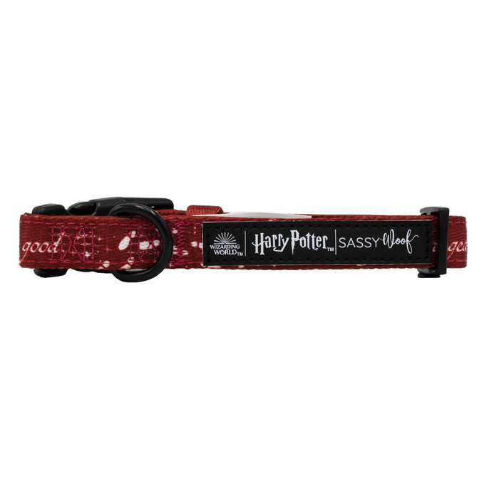 The Sassy Woof Dog Collar - Harry Potter™ Marauder's Map™ is a red, adjustable collar with white text and a design inspired by the Marauder's Map.