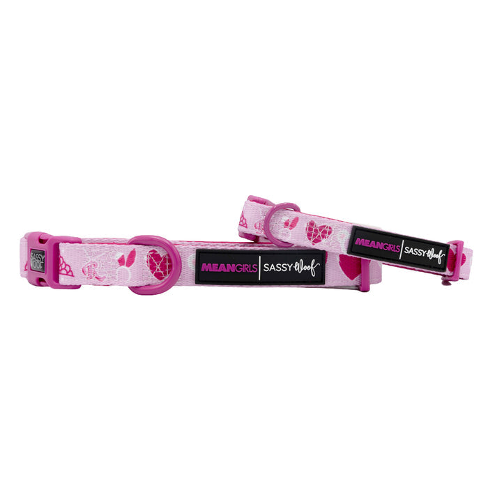 Two pink Dog Collar - Mean Girls™ from Sassy Woof, adjustable, with heart and lips patterns and MEAN GIRLS labels, plastic buckles—ideal for pups on their Puppy Growth Pawtection Plan. Shown on a white background.