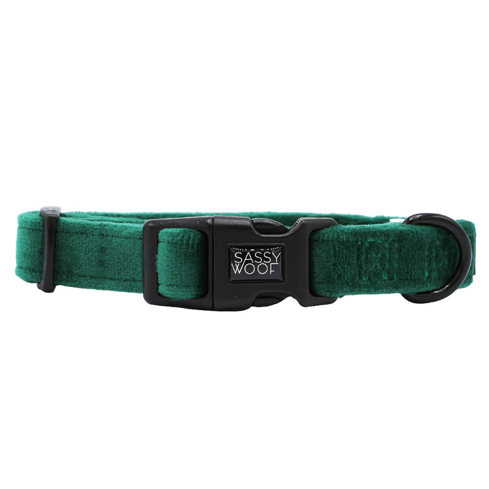 The Dog Collar - Nice by Sassy Woof is a green velvet collar with a black plastic buckle, adjustable strap, white “Sassy Woof” branding, and a black metal D-ring—ideal as a festive holiday dog accessory.