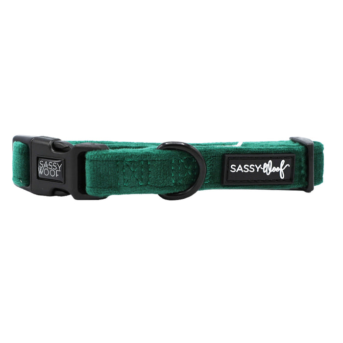 The Sassy Woof Dog Collar - Nice features green velvet, a black plastic buckle, black metal D-ring, and two patches with "Sassy Woof" in white—an ideal stylish addition to your holiday dog accessories.
