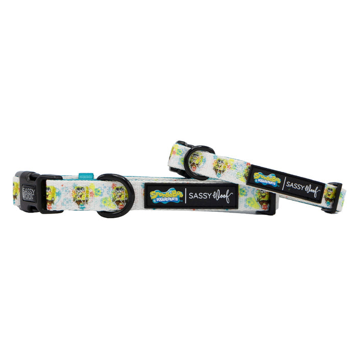Two adjustable Sassy Woof Dog Collar - SpongeBob SquarePants™ Bikini Bottom designs, with black buckles and metal rings, are shown on a white background—ideal for the Puppy Growth Pawtection Plan.