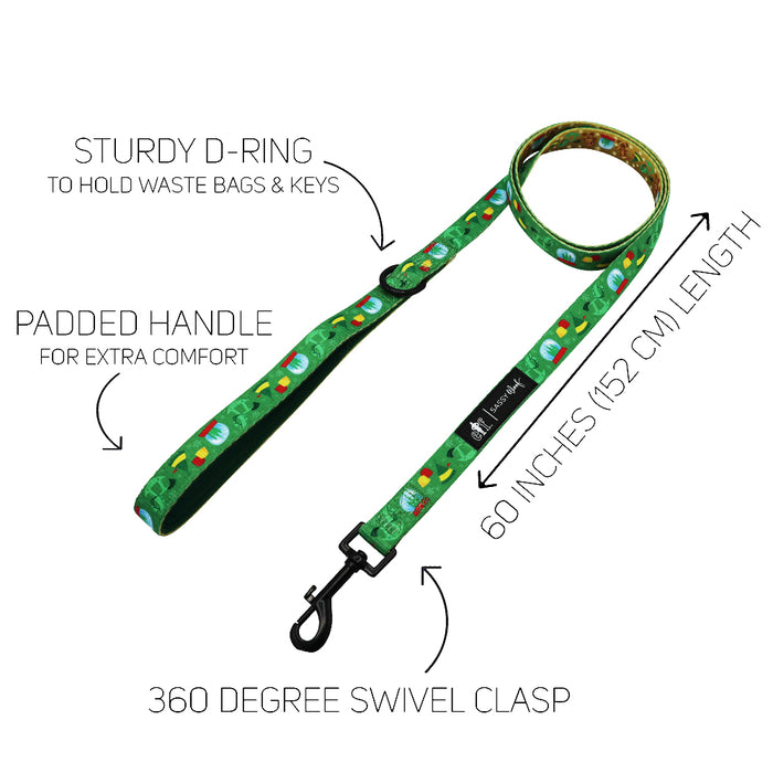 Bring holiday spirit to your walks with the Sassy Woof Dog Collar Three Piece Bundle - Elf™. This green leash features festive cartoon designs and pairs perfectly with an Elf-themed dog collar or other elf pet accessories. Designed for comfort and convenience, it includes a padded handle, sturdy D-ring for attaching bags or keys, a 60-inch (152 cm) length, and a 360-degree swivel clasp—making it an ideal choice for cheerful holiday strolls.