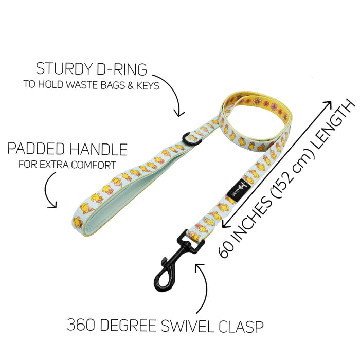 The Sassy Woof Dog Four Piece Bundle - Good Duck, Babe! features a 60-inch leash with cartoon character print, padded handle, sturdy D-ring for waste bags or keys, and a 360° swivel clasp. Pairs perfectly with any adjustable dog harness.