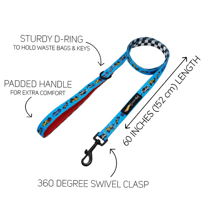 The Sassy Woof Dog Leash - Hot Wheels™ is a blue leash with cartoon prints, padded handle, sturdy D-ring, and 360° swivel clasp. At 60" (152 cm) long, it’s ideal for fans of fun racing dog accessories. Text highlights the key features.