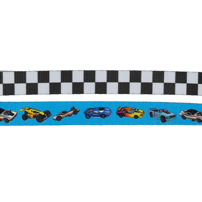 The Sassy Woof Dog Leash - Hot Wheels™ features a black-and-white checkerboard top ribbon and a blue bottom ribbon with colorful race cars—perfect for racing-themed dog accessories.