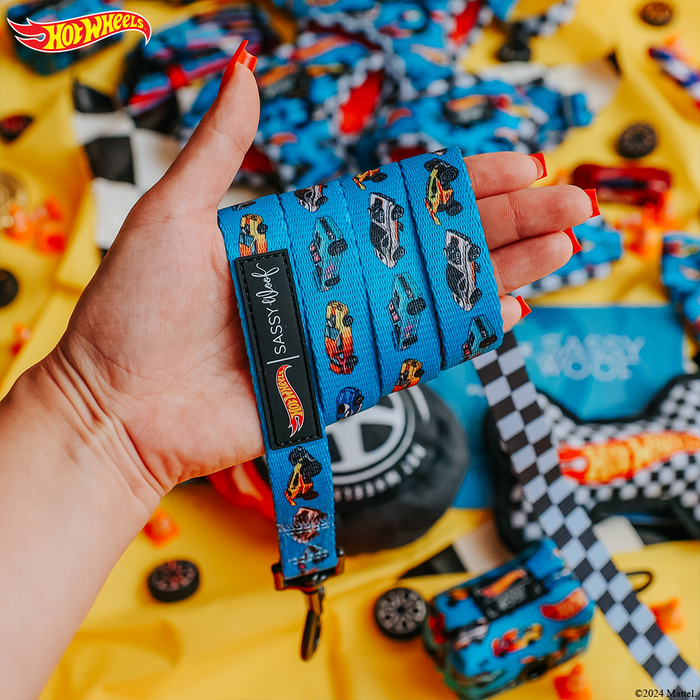 A hand holds the Sassy Woof Dog Leash - Hot Wheels™, a bright blue leash with colorful Hot Wheels cars and a small “Hot Wheels” tag. Other Hot Wheels pet accessories are displayed on a yellow surface in the background.