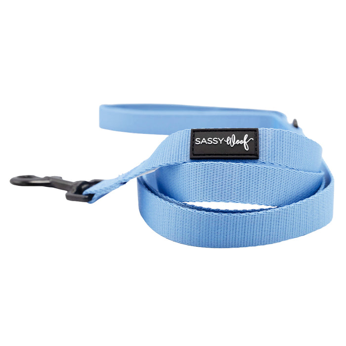 The Dog Leash - Hydrangea by Sassy Woof features a light blue pastel floral pattern, a black metal clasp, and a black Sassy Woof label in white. Neatly coiled, it’s perfect for your next walk with your pup.