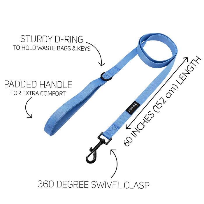 The Sassy Woof Dog Leash - Hydrangea features a soft neoprene handle for comfy walks and includes instructions.