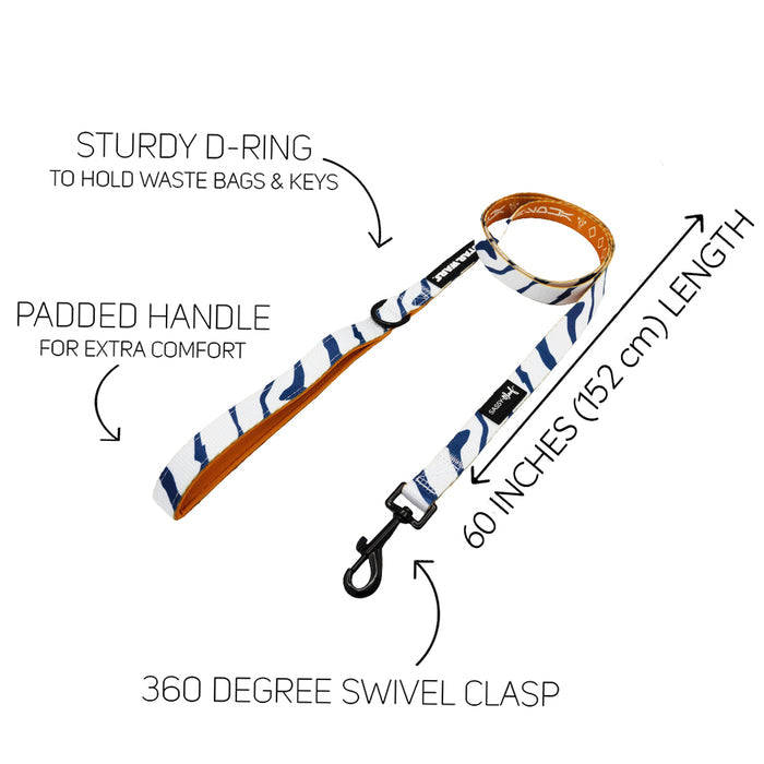 The Sassy Woof Dog Leash - STAR WARS™ Ahsoka features a blue and white stripe design, orange padded handle, sturdy D-ring, 360° swivel clasp, 60" length, and handy labels. Pair it perfectly with your adjustable harness!.
