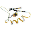 The Sassy Woof "Dog Three Piece Bundle - Good Duck, Babe!" includes a playful yellow and white cartoon duck leash, a matching collar with pink flowers, and a black clip-on waste bag holder—perfect for puppy walks.