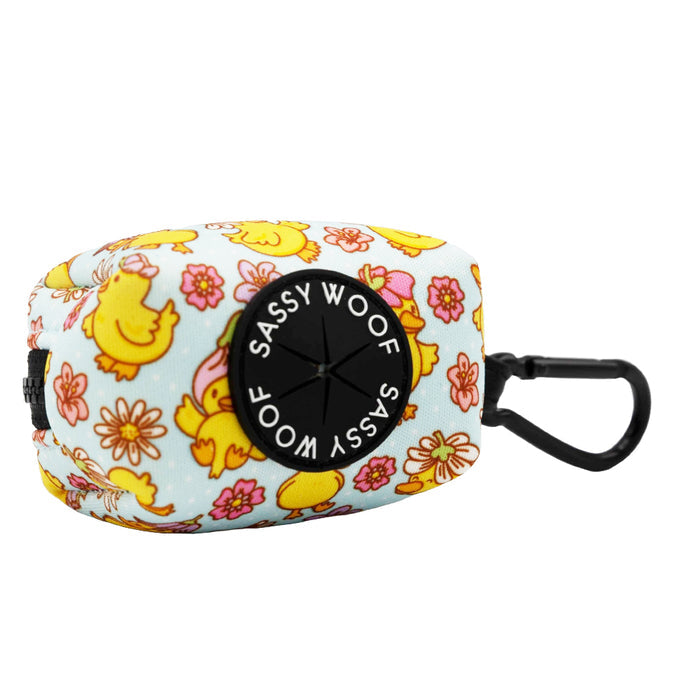 The Sassy Woof "Dog Three Piece Bundle - Good Duck, Babe!" features a yellow duck and orange flower pattern—pair this playful set with your favorite dog collar for cheerful walks.