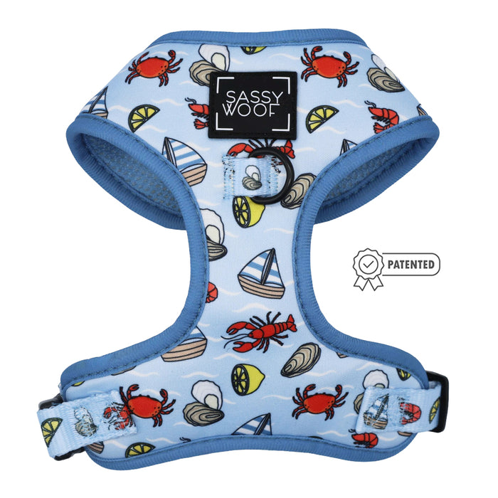 The Sassy Woof Dog Two Piece Bundle - Coastal Cuties features a light blue adjustable harness with blue trim, playful red crabs, sailboats, and seashells. Includes SASSY WOOF logo on front and a Patented badge on the right.