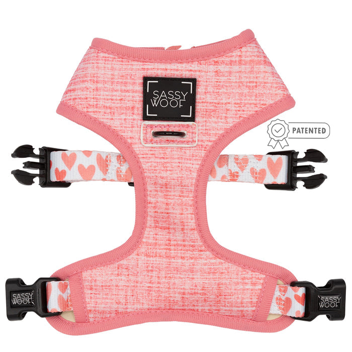 The Sassy Woof Dog Two Piece Bundle - Dolce Rose features a pink reversible harness with textured and heart patterns, black buckles, and a “PATENTED” badge on the right strap.