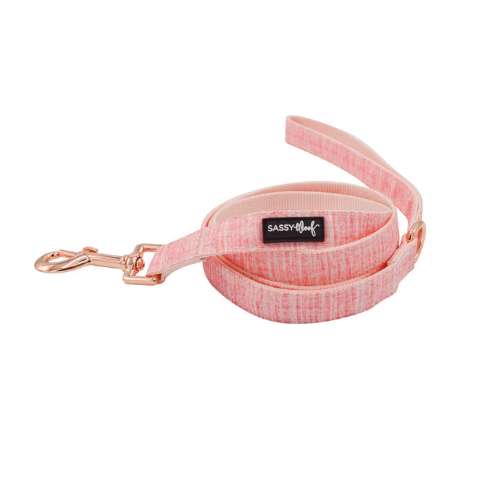 A coiled pink dog leash from the Sassy Woof Dog Two Piece Bundle - Dolce Rose, featuring a rose gold clasp and brand label, displayed on a white background.