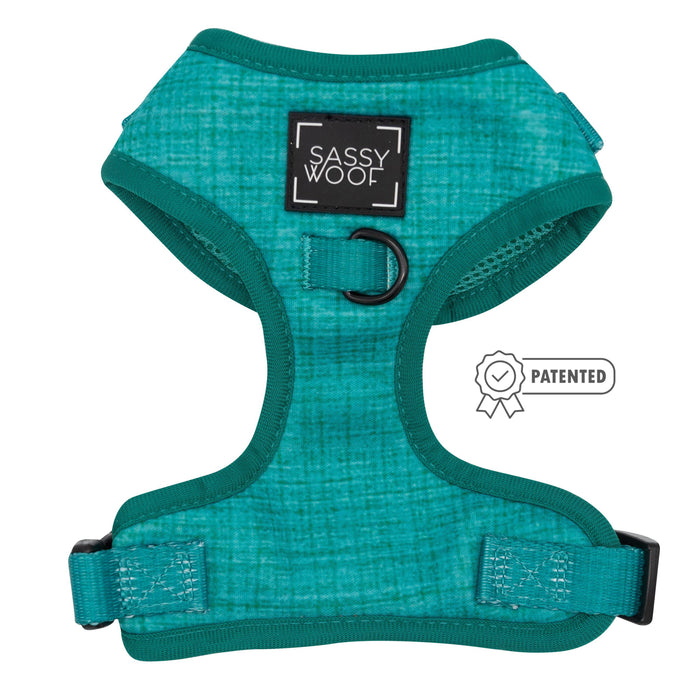 The Sassy Woof Dog Two Piece Bundle - Napa features a green adjustable harness with black straps, designed for comfort and security.