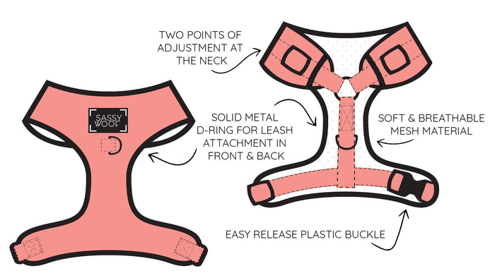 Sassy Woof Dog Two Piece Bundle - Napa: pink harness with neck adjustment, metal D-rings front/back, soft breathable mesh, and easy-release plastic buckle.