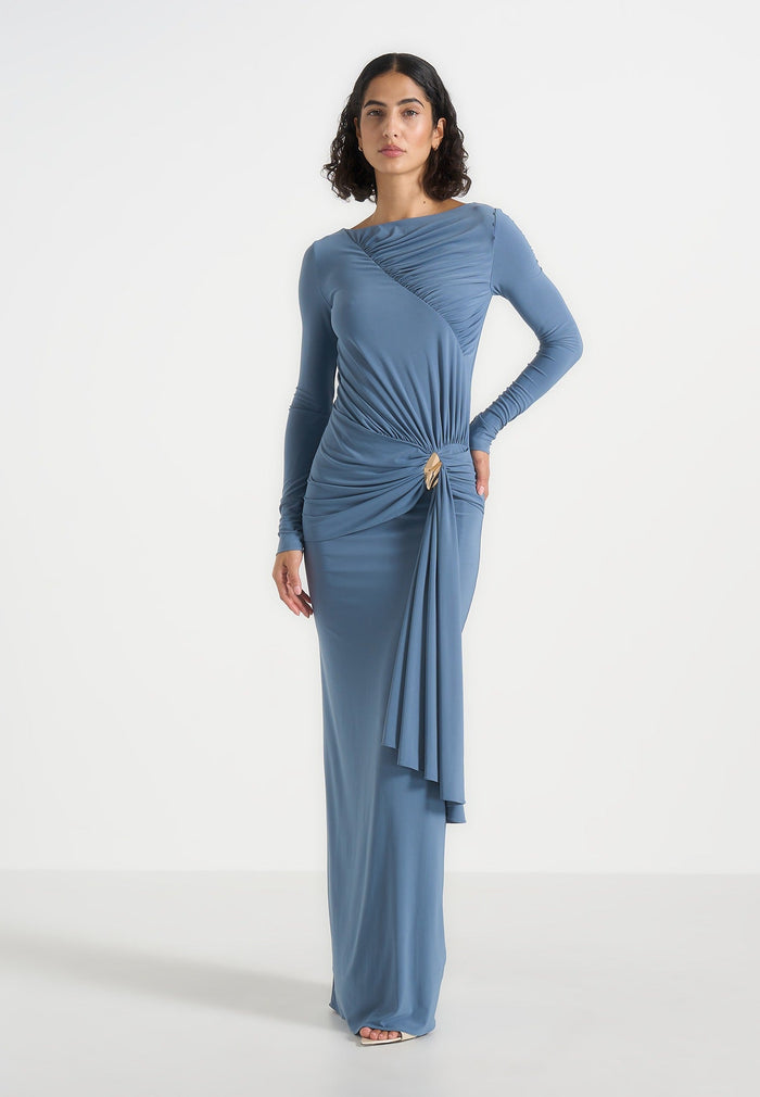 edena-asym-ruched-draped-maxi-dress-blue