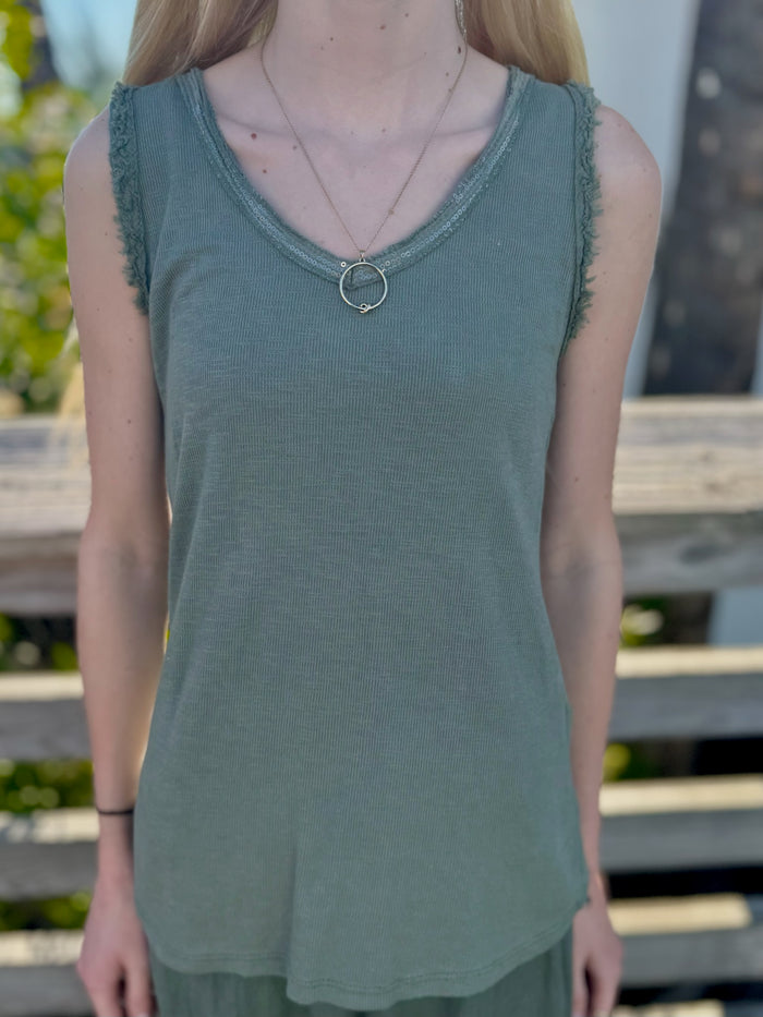 Front view of the Elisa Sequin Tank in olive, with sequined v-neckline styled with a simple gold necklace.