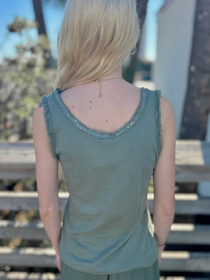 Back view of the Elisa Sequin Tank in olive, showing scooped neckline with subtle sequin trim.