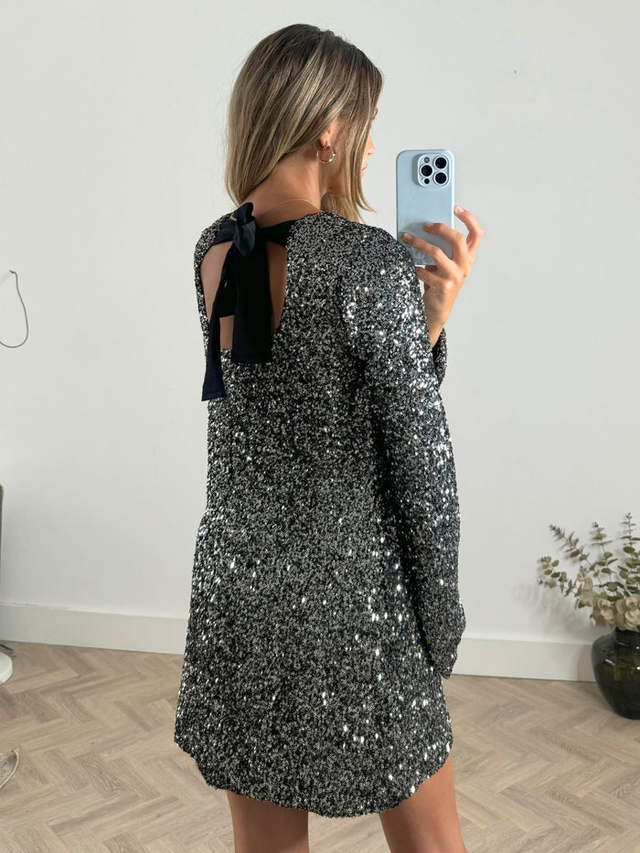 Evelyn Sequin Bow Back Mini Dress in Black - Style Cheat