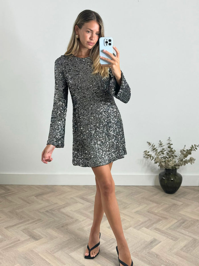 Evelyn Sequin Bow Back Mini Dress in Black - Style Cheat