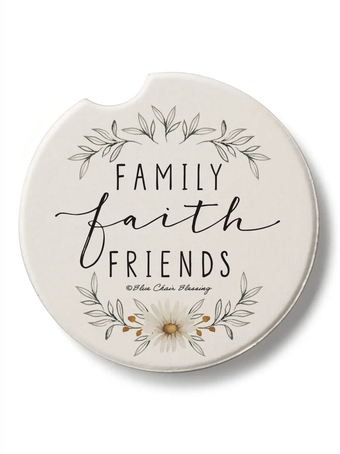 Family Faith Friends car coaster with floral accent design, absorbent stone cup holder insert with easy removal notch from Ardor Boutique