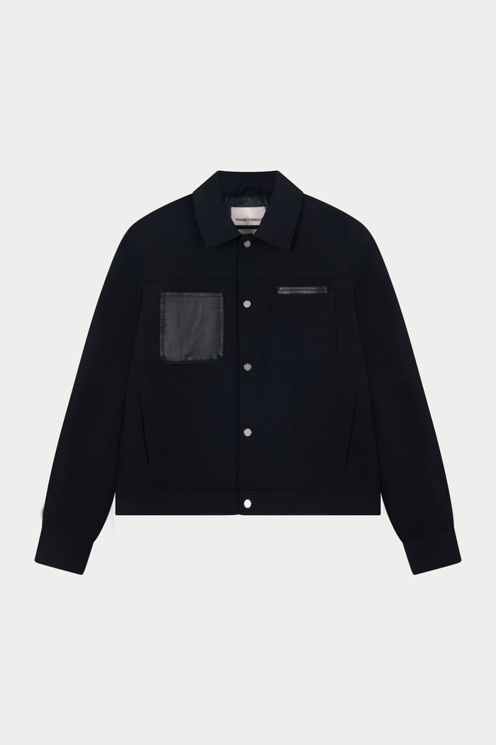 FAUX LEATHER POCKET TAILORED JACKET - BLACK