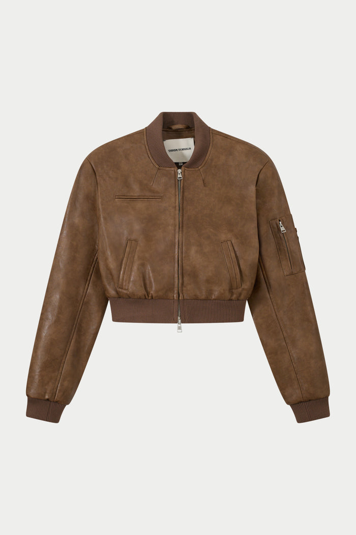 FAUX LEATHER SHOULDER PADDED BOMBER JACKET - WASHED BROWN