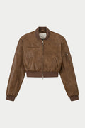 FAUX LEATHER SHOULDER PADDED BOMBER JACKET - WASHED BROWN