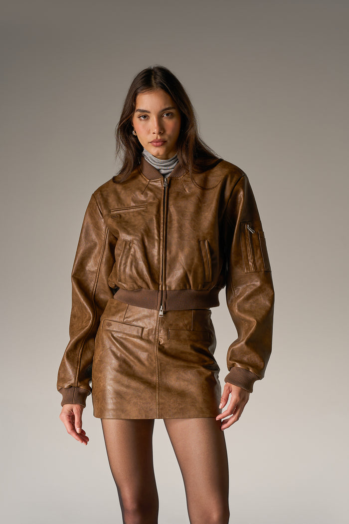 FAUX LEATHER SHOULDER PADDED BOMBER JACKET - WASHED BROWN