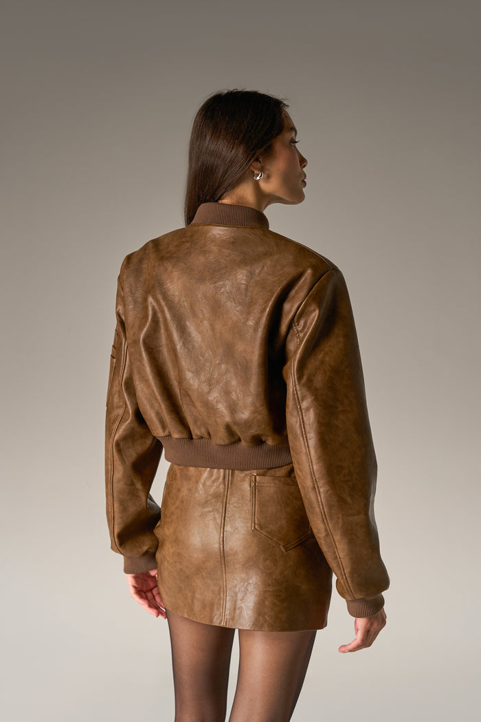 FAUX LEATHER SHOULDER PADDED BOMBER JACKET - WASHED BROWN